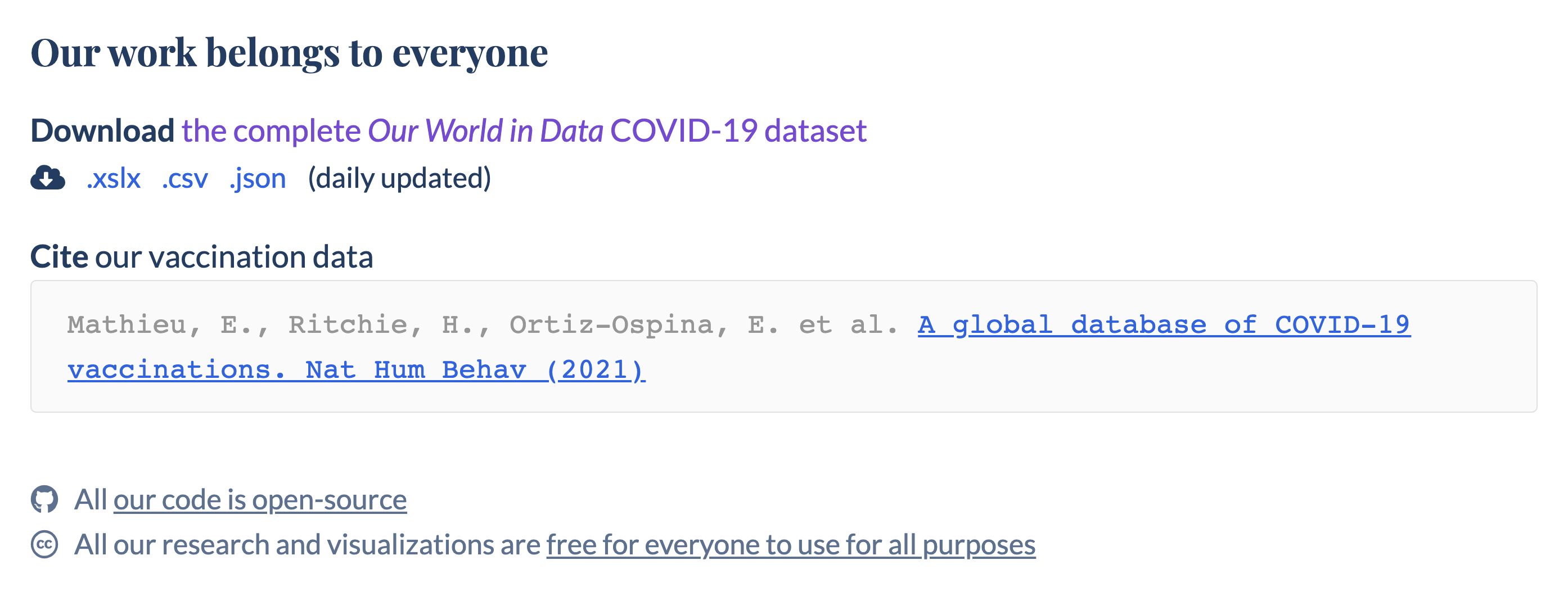 screenshot of a block on the vaccinations page with links to the dataset, citation, and a sentence or two about how our work is open source and belongs to everyone